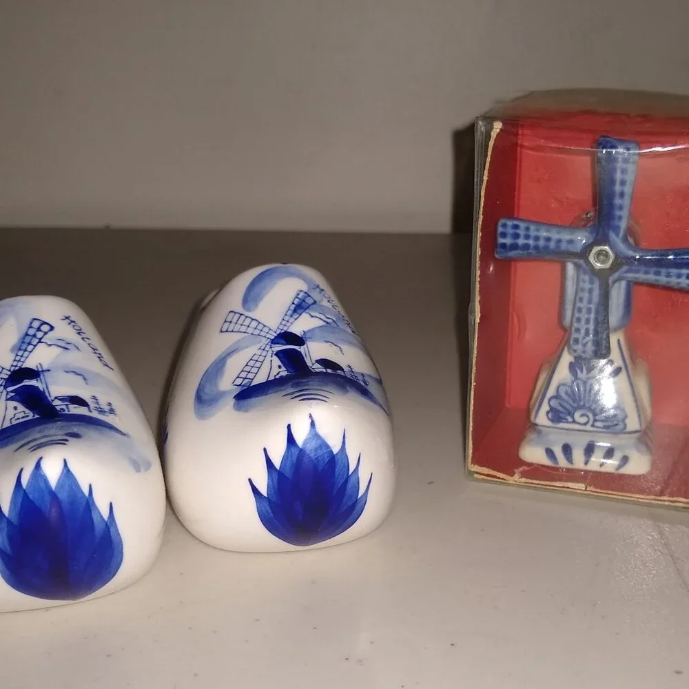 Hand Made Porcelain Wind Mill + Shoes Dutch Souvenir vintage
